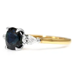 18ct Yellow and White Gold Cushion Sapphire and Pear Diamond 3 Stone Ring