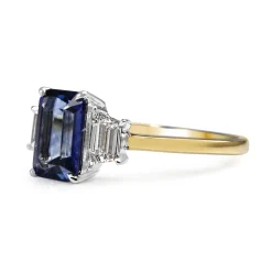 18ct Yellow and White Gold Emerald Cut Sapphire and Baguette Diamond Ring