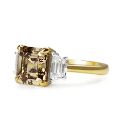 18ct Yellow and White Gold Asscher Champagne Diamond 3 Stone Ring