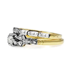 18ct Yellow and White Gold Vintage Diamond Solitaire Ring With Matching Band - Ring Set