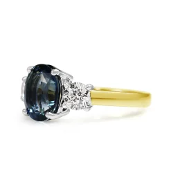 18ct Yellow and White Gold Oval 3.20 Sapphire and Diamond 3 Stone Ring