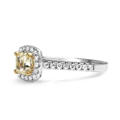 18ct Yellow and White Gold Cushion Yellow Diamond Halo Ring