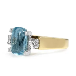 18ct Yellow and White Gold Vintage Aquamarine and Diamond 3 Stone Ring