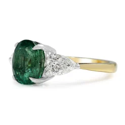 18ct Yellow and White Gold Emerald and Pear Shaped Diamond 3 Stone Ring