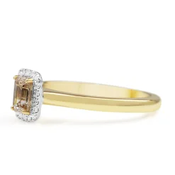 18ct Yellow and White Gold Emerald Cut Champagne Argyle Diamond Halo Ring