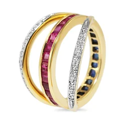 18ct Yellow and White Gold Ruby, Sapphire and Diamond Hinged Changeover Band Ring