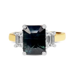 18ct Yellow and White Gold Teal/Parti Sapphire and Tapered Baguette Diamond 3 Stone Ring