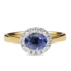 18ct Yellow and White Gold East West Set Sapphire and Diamond Halo Ring