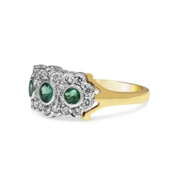 9ct Yellow and White Gold Emerald and Diamond Flower Style Ring