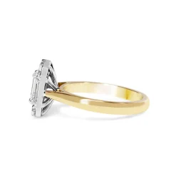 18ct Yellow and White Gold Emerald, Baguette and Brilliant Cut Diamond Deco Style Halo Ring