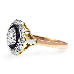 18ct Yellow and White Gold Deco Old Cut Diamond and Enamel Daisy Ring