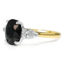 18ct Yellow and White Gold Teal/Green Sapphire and Pear Diamond 3 Stone Ring
