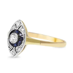 18ct Yellow and White Gold Art Deco Sapphire and Diamond Marquise Shaped Ring