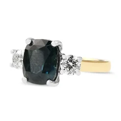 18ct Yellow and White Gold Cushion Teal Sapphire and Diamond 3 Stone Ring