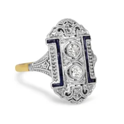 18ct Yellow and White Gold Art Deco Sapphire and Old Cut Diamond Ring