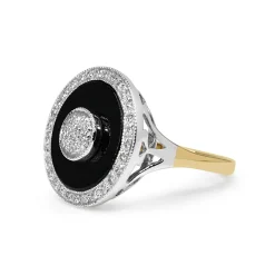 9ct Yellow and White Gold Onyx and Diamond Halo Cluster Art Deco Style Ring