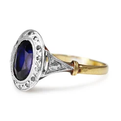 18ct Yellow and White Gold Antique Sapphire and Rose Cut Diamond Halo Ring