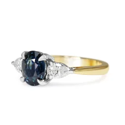 18ct Yellow and White Gold Oval Sapphire and Pear Diamond 3 Stone Ring