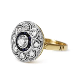 18ct Yellow and White Gold Art Deco Sapphire and Old Cut Diamond Target Style Ring