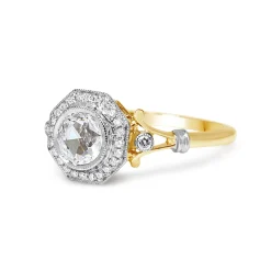 18ct Yellow and White Gold Antique Style Rose Cut Diamond Hexagon Halo Ring