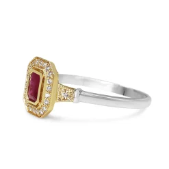 9ct Yellow and White Gold Ruby and Diamond Deco Style Halo Ring