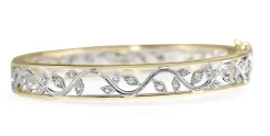 9ct Yellow and White Gold Diamond Floral Filigree Bangle