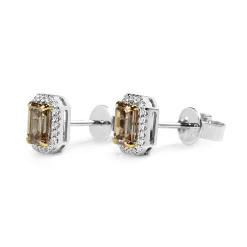 18ct Yellow and White Gold Emerald Cut Champagne Diamond Halo Earrings