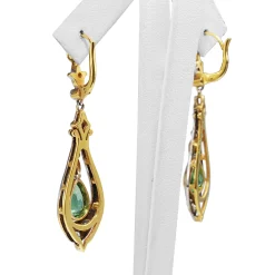 18ct Yellow and White Gold Antique Emerald and Single Cut Diamond Drop Earrings