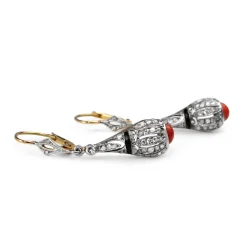 18ct Yellow and White Gold Art Deco Onyx, Coral and Rose Cut Diamond Earrings