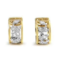 9ct Yellow and White Gold Floral Diamond Hoop Earrings