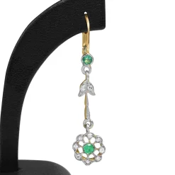 18ct Yellow and White Gold Antique Emerald and Old Cut Diamond Daisy Earrings