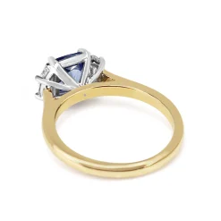 18ct Yellow and White Gold Cushion Sapphire and Half Moon Diamond 3 Stone Ring