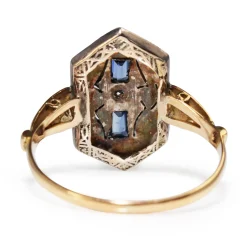 18ct Yellow and White Gold Art Deco Sapphire and Old Cut Diamond Ring