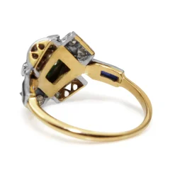 18ct Yellow and White Gold Diamond, Emerald and Sapphire Deco Style Ring