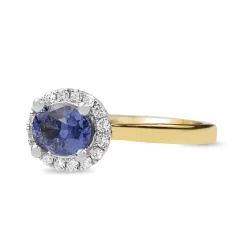 18ct Yellow and White Gold East West Set Sapphire and Diamond Halo Ring