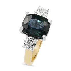 18ct Yellow and White Gold Cushion Teal Sapphire and Diamond 3 Stone Ring