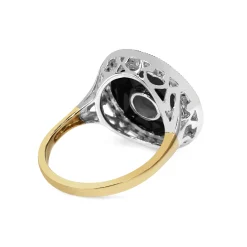 9ct Yellow and White Gold Onyx and Diamond Halo Cluster Art Deco Style Ring