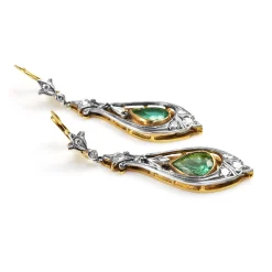 18ct Yellow and White Gold Antique Emerald and Single Cut Diamond Drop Earrings