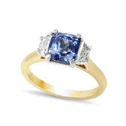 18ct Yellow and White Gold Cushion Sapphire and Half Moon Diamond 3 Stone Ring