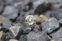 18ct Yellow and White Gold Vintage Style Rose Cut Diamond Halo Ring