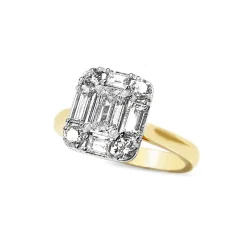 18ct Yellow and White Gold Emerald, Baguette and Brilliant Cut Diamond Deco Style Halo Ring