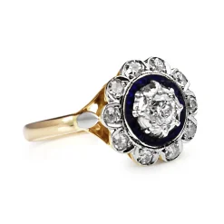 18ct Yellow and White Gold Deco Old Cut Diamond and Enamel Daisy Ring