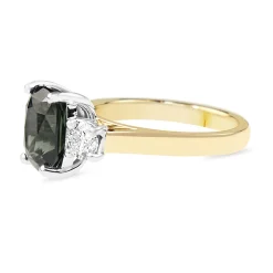 18ct Yellow and White Gold Cushion Teal Sapphire and Diamond 3 Stone Ring