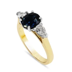 18ct Yellow and White Gold Sapphire and Pear Shaped Diamond 3 Stone Ring