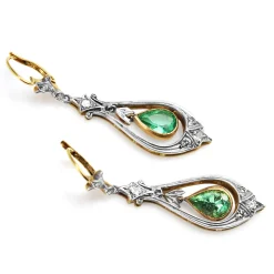 18ct Yellow and White Gold Antique Emerald and Single Cut Diamond Drop Earrings