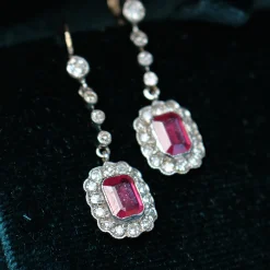 18ct Yellow and White Gold Antique Ruby and Old / Single Cut Diamonds Drop Earrings