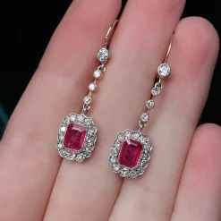 18ct Yellow and White Gold Antique Ruby and Old / Single Cut Diamonds Drop Earrings