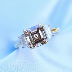 18ct Yellow and White Gold Asscher Champagne Diamond 3 Stone Ring