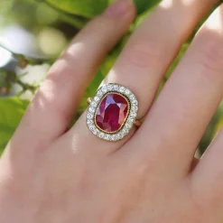 18ct Yellow and White Gold Antique Ruby and Diamond Halo Ring