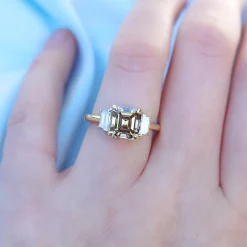 18ct Yellow and White Gold Asscher Champagne Diamond 3 Stone Ring